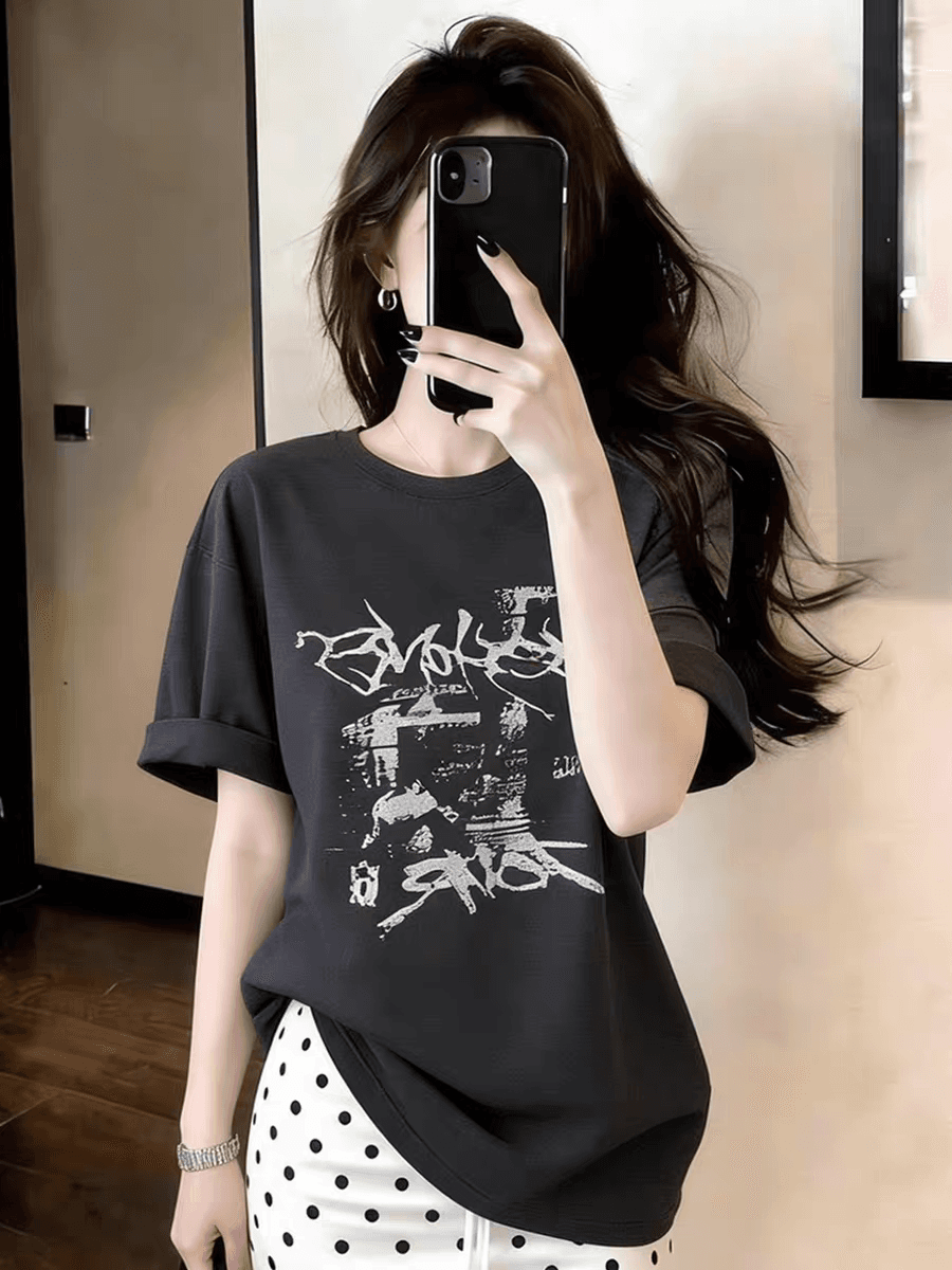 한 부서 낙서 재미있는 프린트 회색 반팔 티셔츠 여성 봄 새로운 느긋한 루즈핏 다용도 맨위