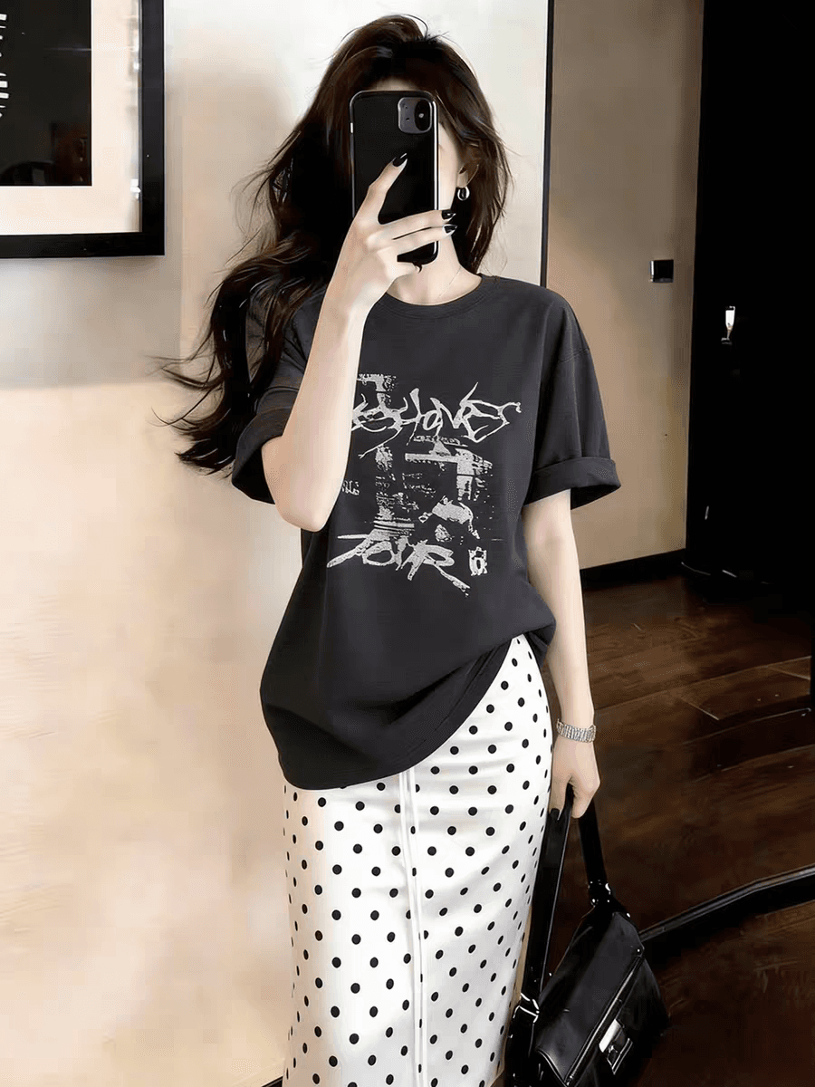한 부서 낙서 재미있는 프린트 회색 반팔 티셔츠 여성 봄 새로운 느긋한 루즈핏 다용도 맨위 이미지 3