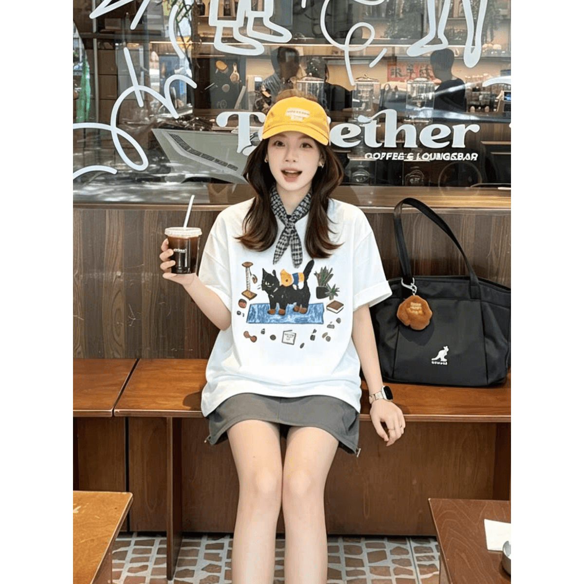 일본식 만화 귀여운 새끼 고양이 프린트 반팔 티셔츠 여성 여름 루즈핏 캐주얼 느긋한 다용도 맨위 이미지 5