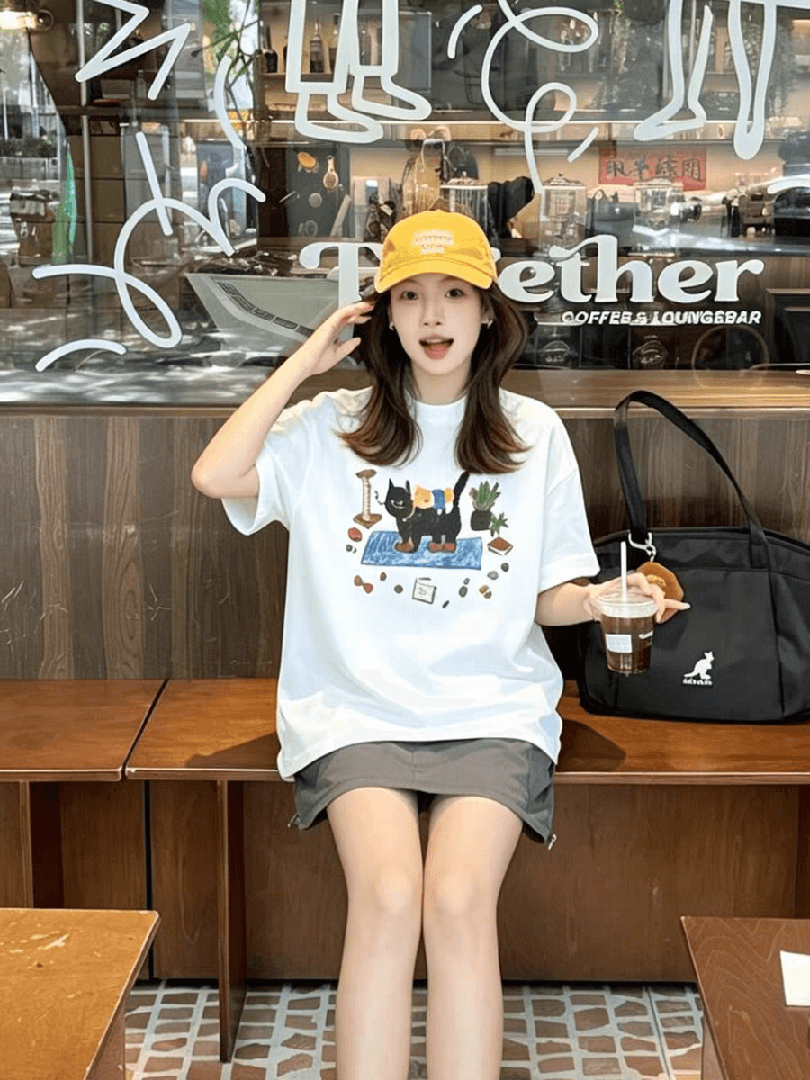 일본식 만화 귀여운 새끼 고양이 프린트 반팔 티셔츠 여성 여름 루즈핏 캐주얼 느긋한 다용도 맨위 상세 이미지 2