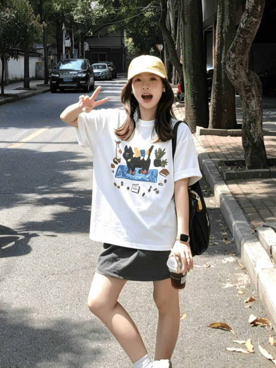 일본식 만화 귀여운 새끼 고양이 프린트 반팔 티셔츠 여성 여름 루즈핏 캐주얼 느긋한 다용도 맨위 상세 이미지 3