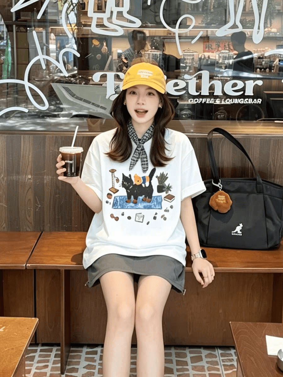 일본식 만화 귀여운 새끼 고양이 프린트 반팔 티셔츠 여성 여름 루즈핏 캐주얼 느긋한 다용도 맨위 상세 이미지 6
