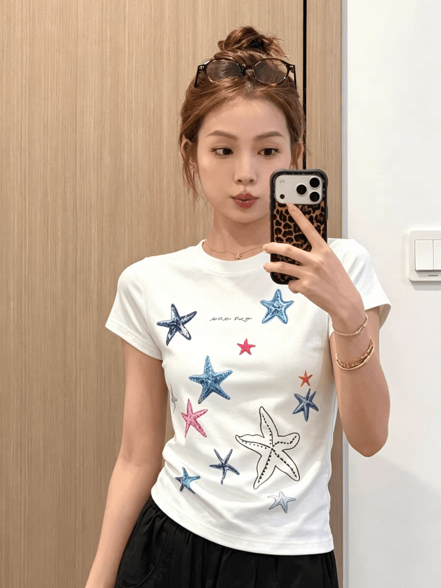 한 부서 창의성 여름 불가사리 알파벳 프린트 반팔 티셔츠 여성 여름 작은 대중 몸매 가꾸기 슬림해 보이는 맨위 상세 이미지 5