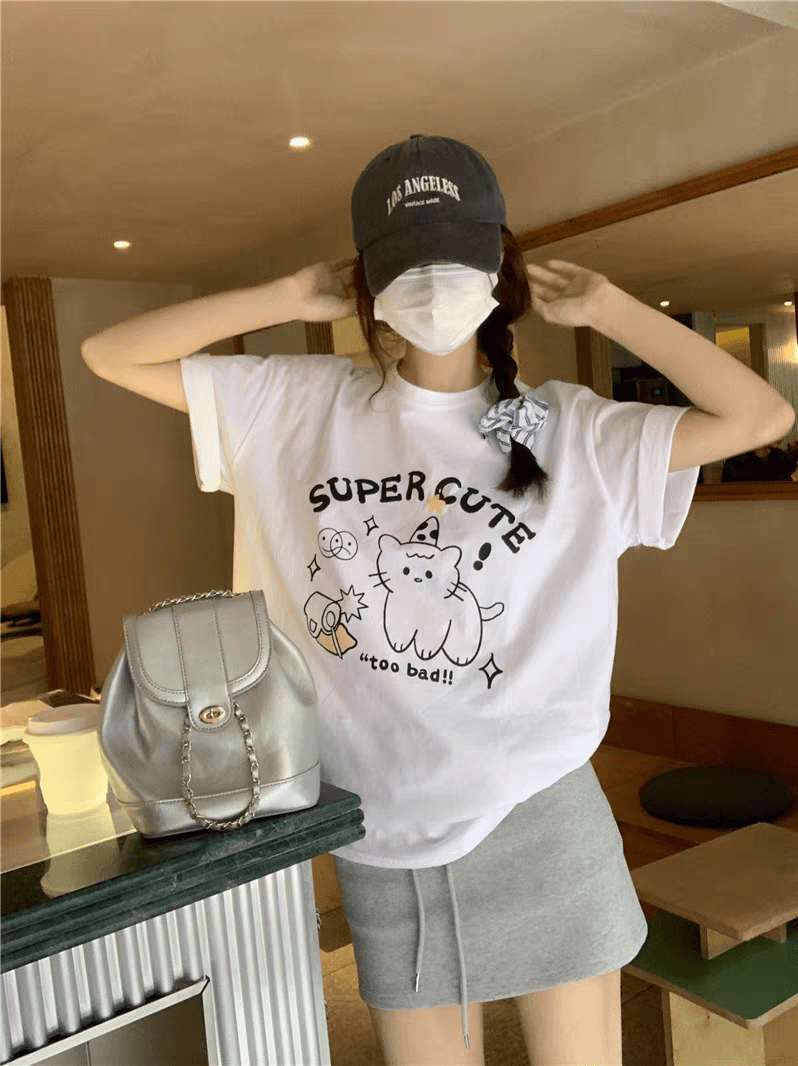 만화 프린트 디자인 센스 티셔츠 여성 초기 여름 루즈핏 슬림해 보이는 다용도 맨위 쇼트 스타일 상세 이미지 3