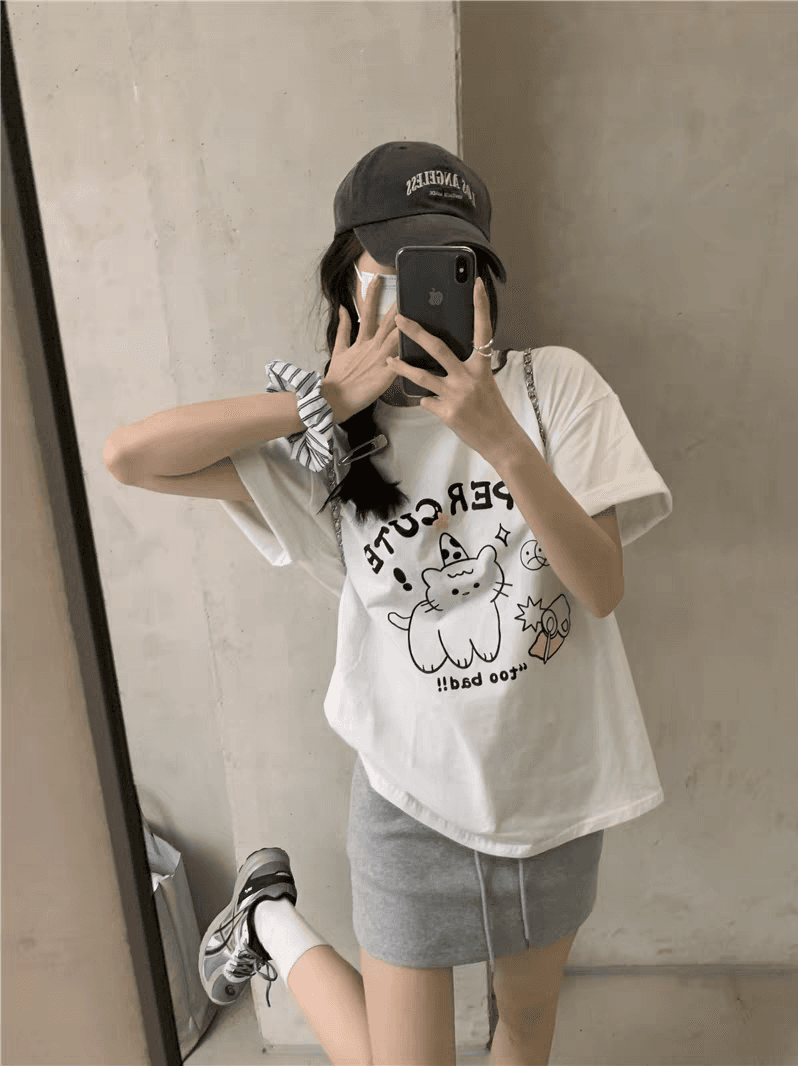 만화 프린트 디자인 센스 티셔츠 여성 초기 여름 루즈핏 슬림해 보이는 다용도 맨위 쇼트 스타일 상세 이미지 4