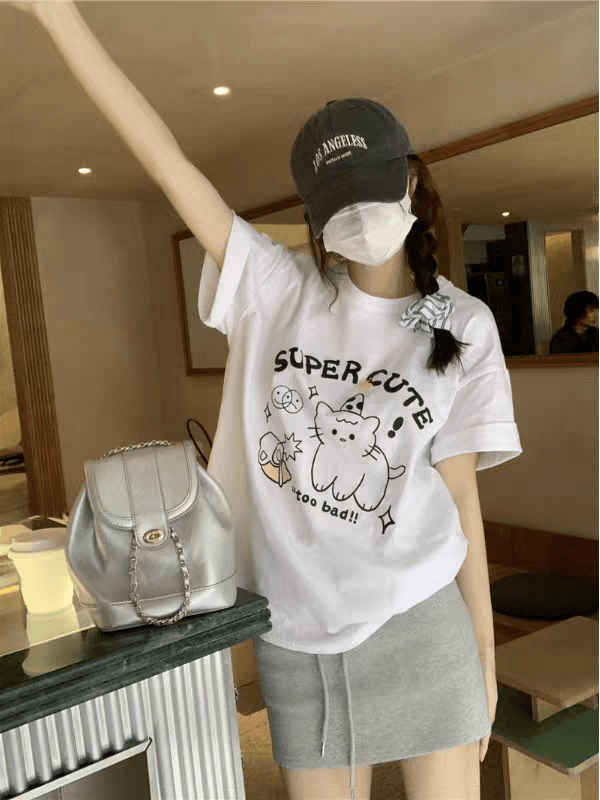 만화 프린트 디자인 센스 티셔츠 여성 초기 여름 루즈핏 슬림해 보이는 다용도 맨위 쇼트 스타일 상세 이미지 6