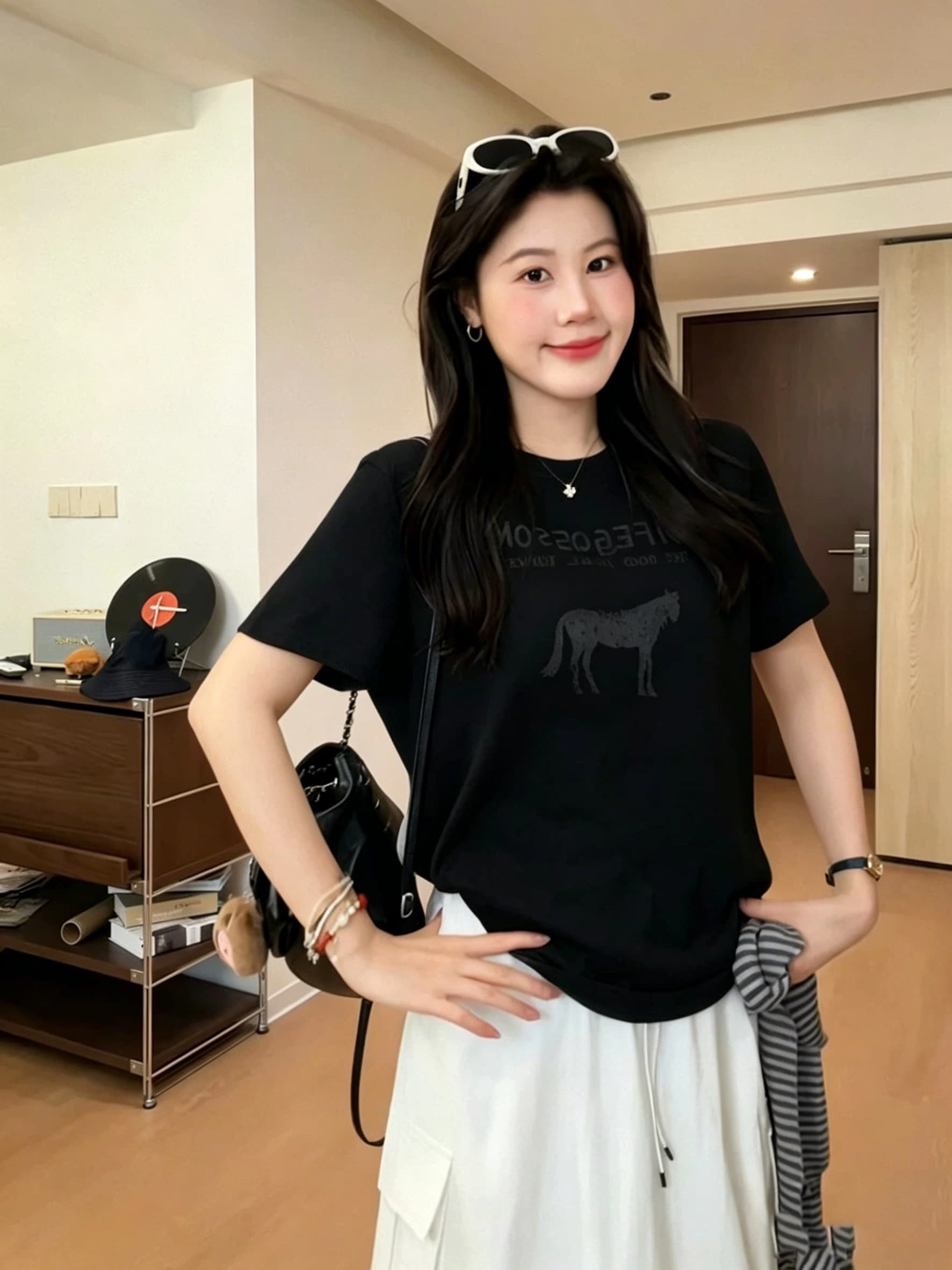 한 부서 캐주얼 바람 다용도 프린트 반팔 티셔츠 여름 여성 의류 2026 새로운 루즈핏 라운드 넥 순면 맨위 여성 상세 이미지 8