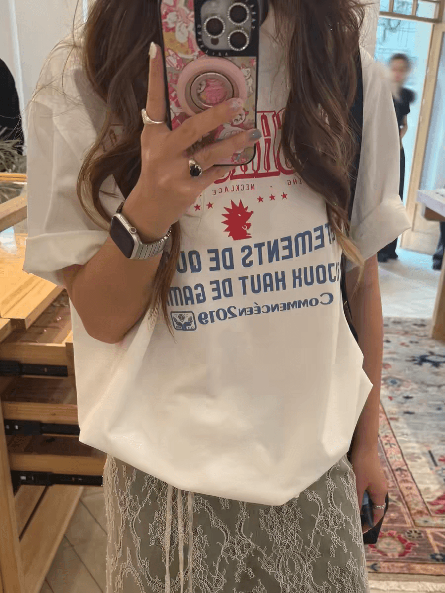 한국 ins 작은 대중 여름 기초 섹션 레트로 프린트 캐주얼 다용도 루즈핏 순면 편안함 반팔 티셔츠 맨위 이미지 2