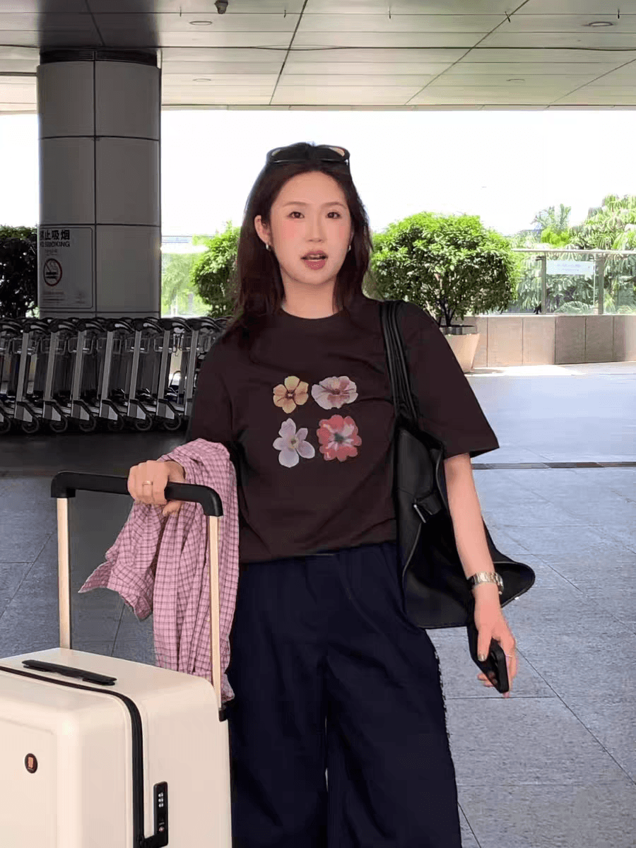 한국 ins 작은 대중 꽃잎 패턴 프린트 캐주얼 다용도 루즈핏 순면 편안함 여름 반팔 티셔츠 맨위 여성 상세 이미지 6