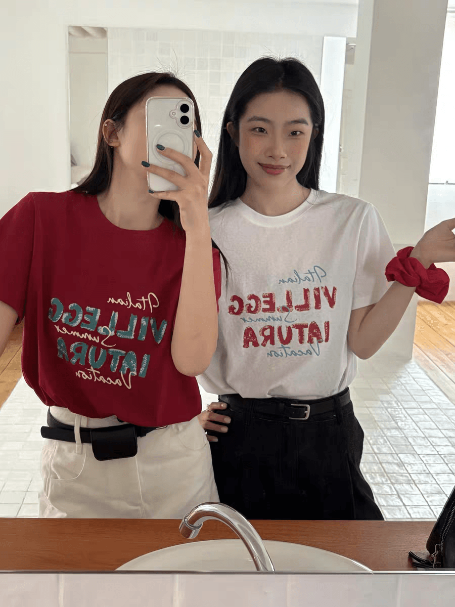 한국 ins 작은 대중 레트로 배색 알파벳 프린트 캐주얼 다용도 루즈핏 순면 편안함 여름 반팔 티셔츠 여성 이미지 4