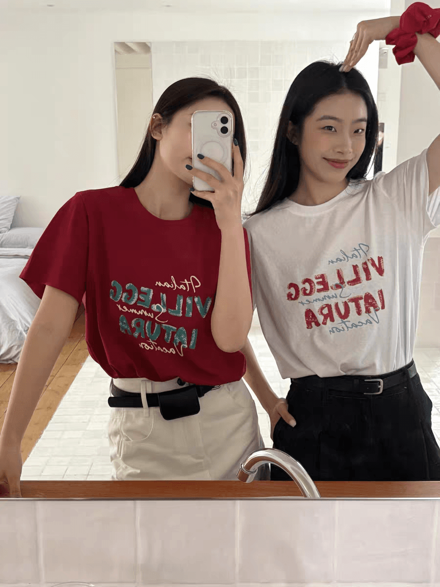 한국 ins 작은 대중 레트로 배색 알파벳 프린트 캐주얼 다용도 루즈핏 순면 편안함 여름 반팔 티셔츠 여성 상세 이미지 2