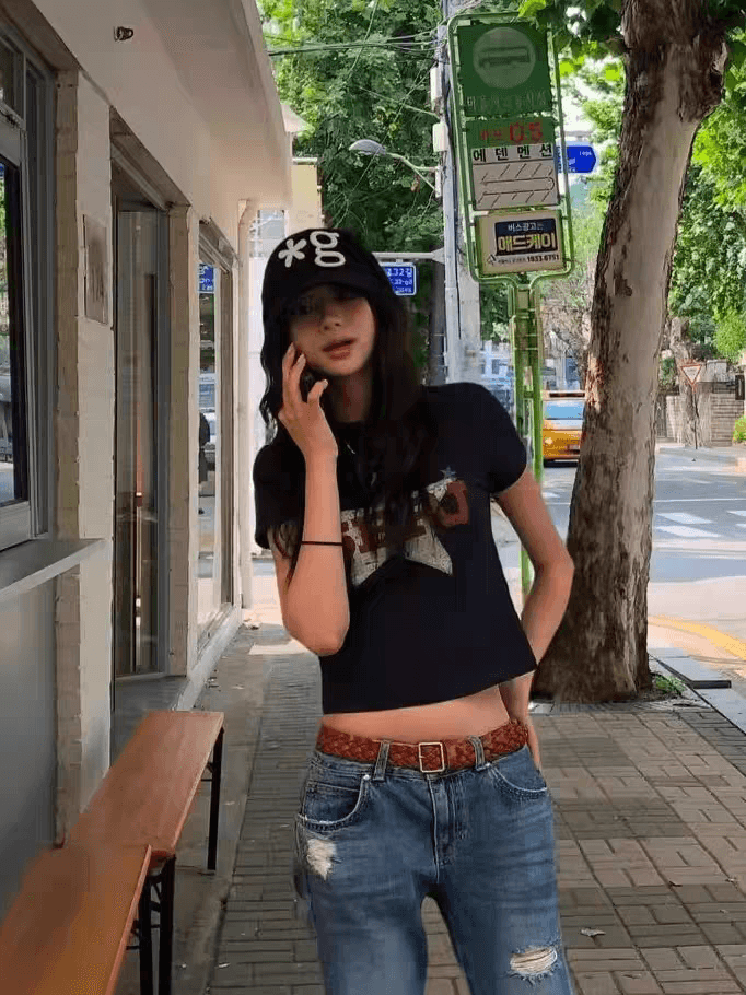 한국 ins 작은 대중 레트로 별 프린트 긍정적 인 어깨 쇼트 스타일 몸매 가꾸기 슬림해 보이는 순면 높음 폭탄 반팔 티셔츠 맨위 여성 상세 이미지 5