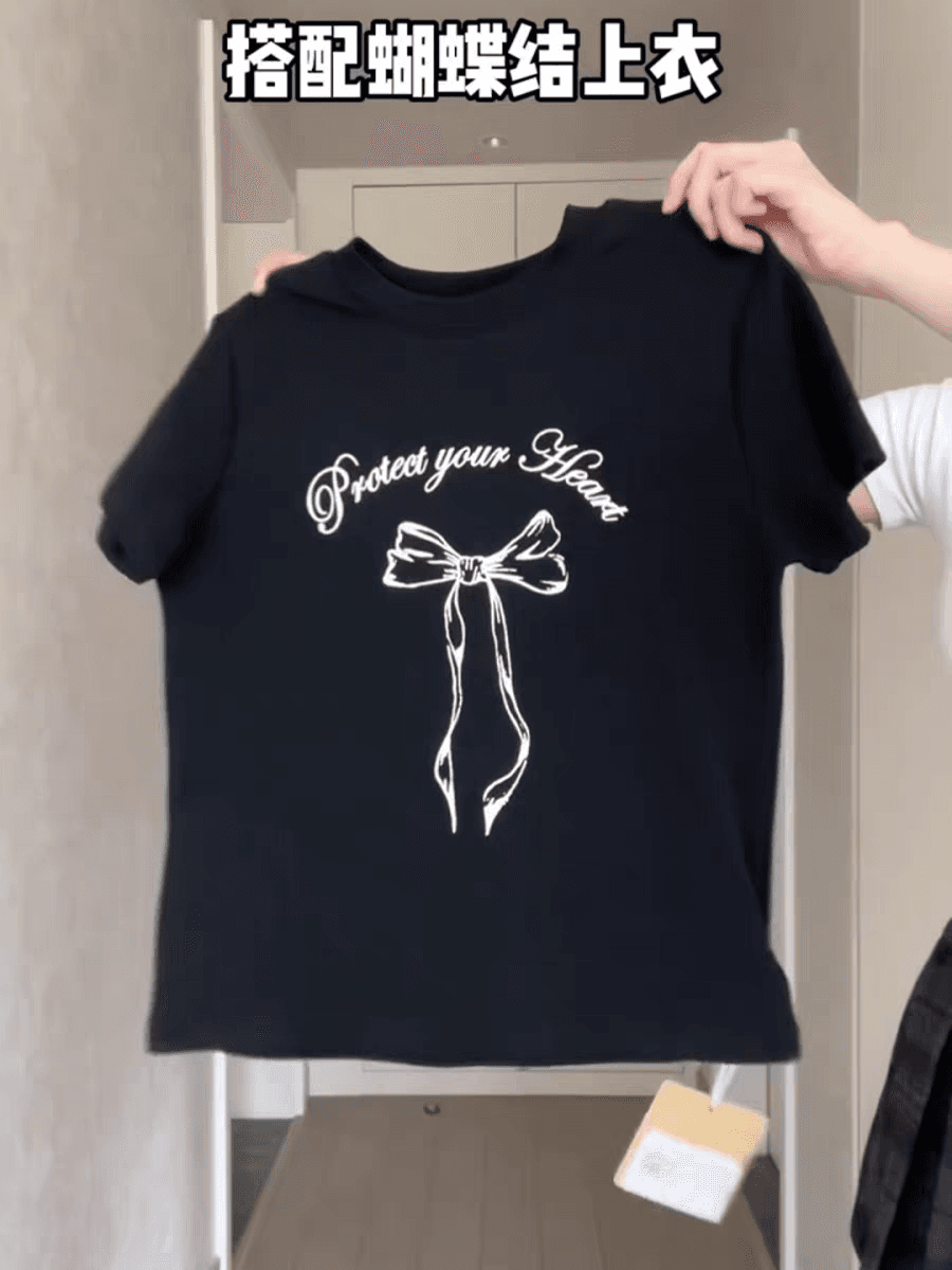 프린트 긍정적 인 어깨 반팔 티셔츠 여성 여름 여름 시즌 새로운 작은 대중 아메리칸 순면 슬림해 보이는 동정 맨위 이미지 2