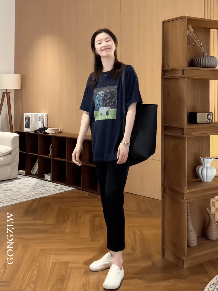 200그램 빗질하다 닫기 경기 가을 방적 순면 이후 패키지 기사 봄 여름 루즈핏 긍정적 인 어깨 프린트 반팔 티셔츠 이미지 4
