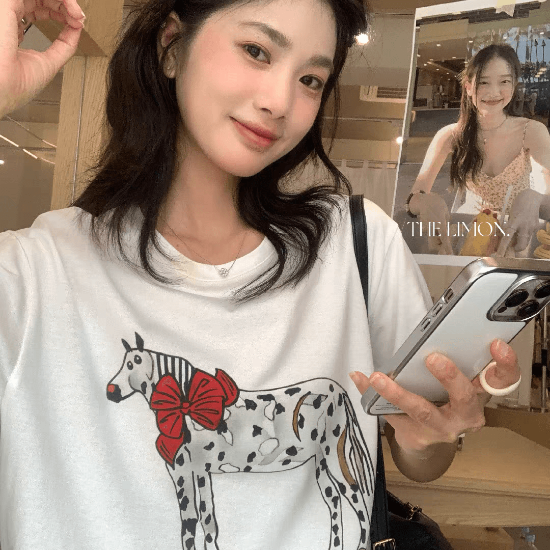 국가 ins 작은 대중 레트로 배색 프린트 캐주얼 다용도 루즈핏 순면 편안함 여름 반팔 티셔츠 여성 상세 이미지 5