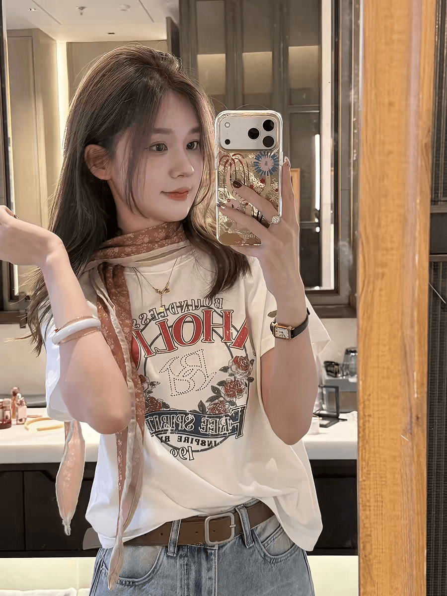 국가 ins 작은 대중 레트로 배색 프린트 캐주얼 다용도 루즈핏 순면 편안함 여름 반팔 티셔츠 여성 상세 이미지 5