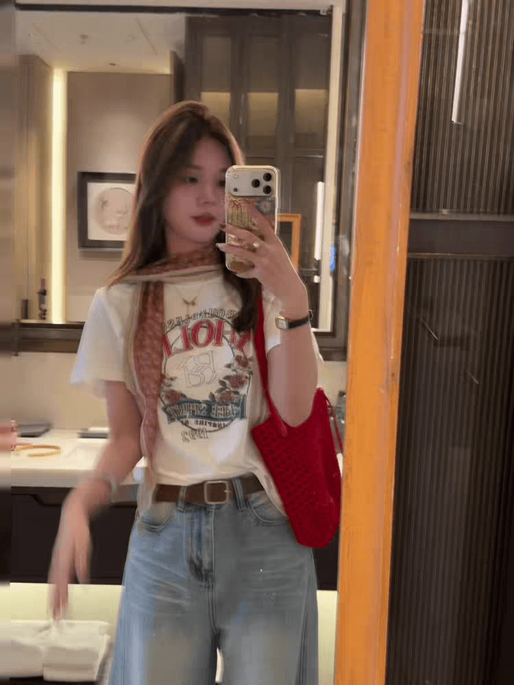 국가 ins 작은 대중 레트로 배색 프린트 캐주얼 다용도 루즈핏 순면 편안함 여름 반팔 티셔츠 여성 상세 이미지 6