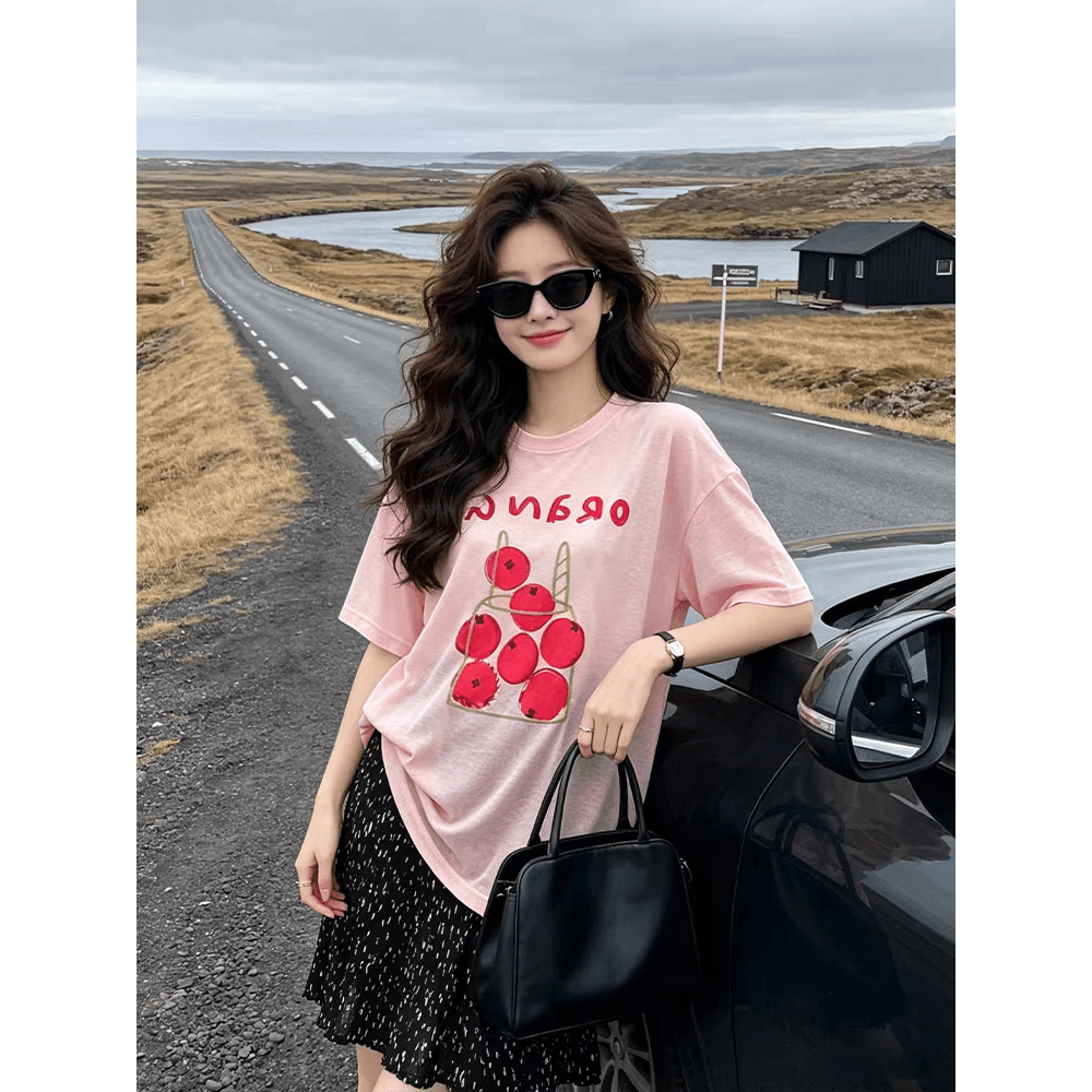 프린트 반팔 티셔츠 여성 아메리칸 새로운 여름 쇼트 스타일 고유 한 아름다운 맨위 이미지 5