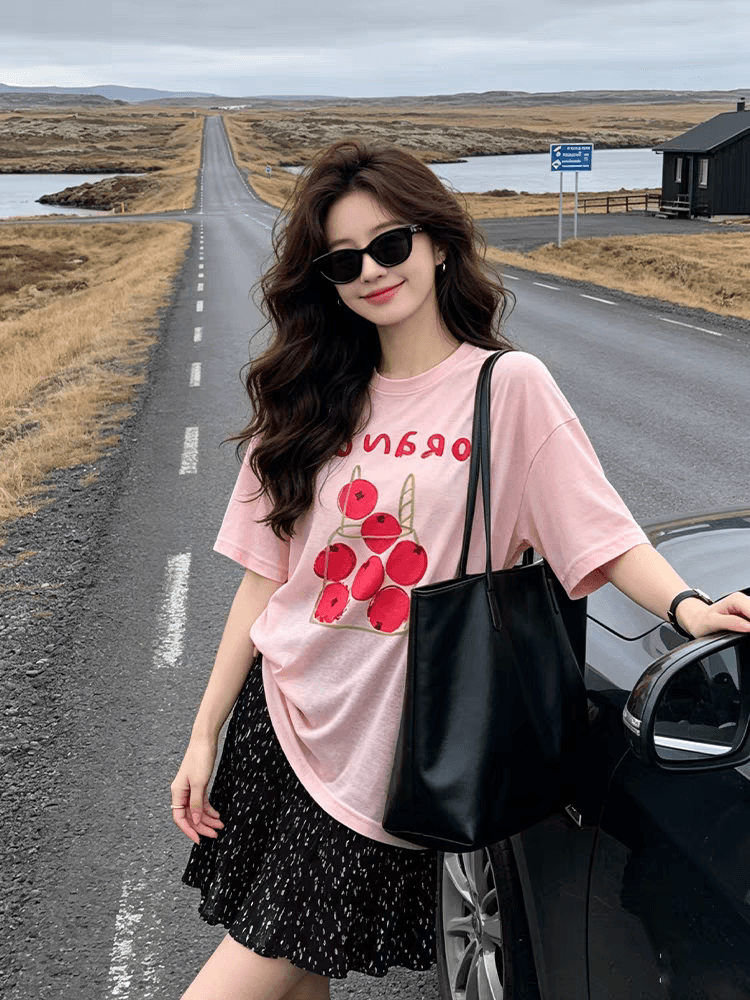 프린트 반팔 티셔츠 여성 아메리칸 새로운 여름 쇼트 스타일 고유 한 아름다운 맨위 상세 이미지 2