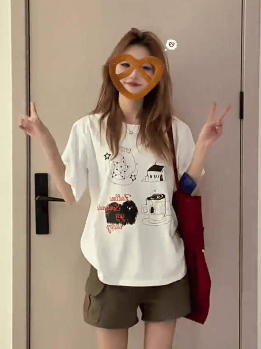 경관 그림 21 순면 210 그램 이후 패키지 칼라 여름 드레스 한 부서 반팔 티셔츠 여성 한국 스타일 루즈핏 빅 사이즈 프린트 이미지 3