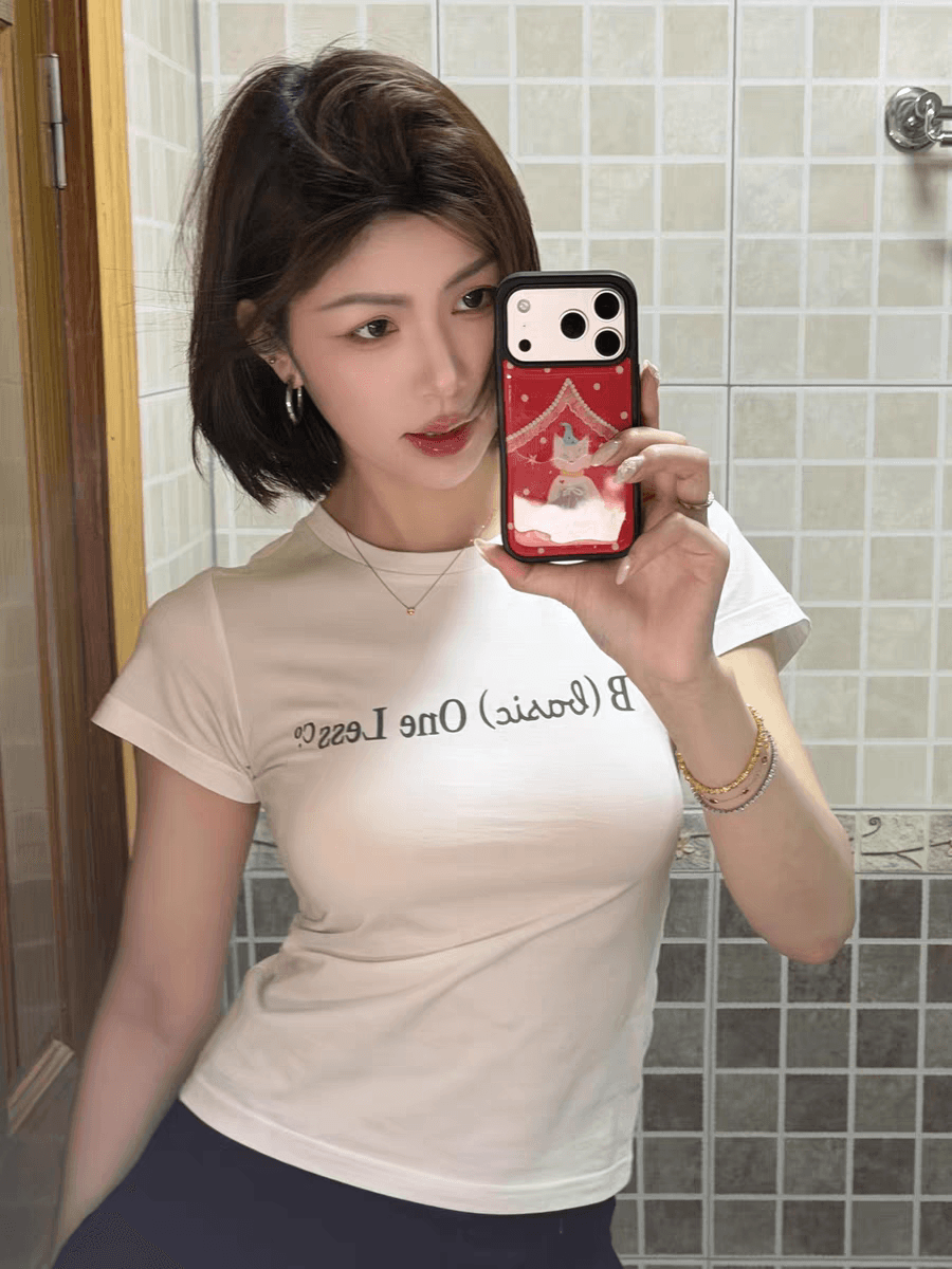 프린트 반팔 티셔츠 여름 소녀 슬림해 보이는 다용도 긍정적 인 어깨 라운드 넥 맨위 이미지 2