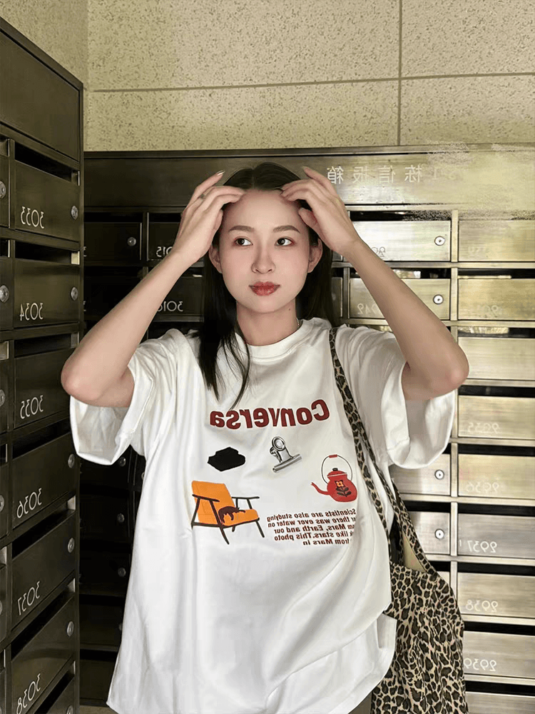 ins 일본식 재미있는 만화 프린트 화이트 루즈핏 반팔 티셔츠 여성 여름 라운드 넥 oversize 동정 맨위 이미지 4
