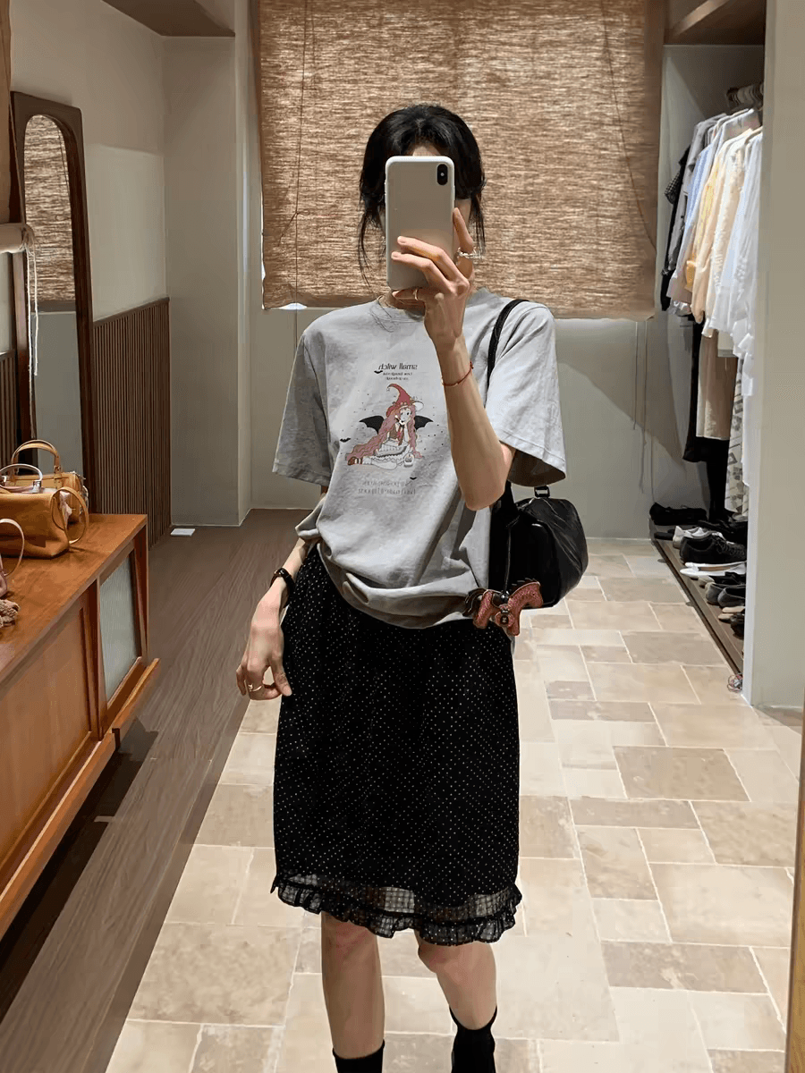 ins 일본식 재미있는 만화 프린트 루즈핏 반팔 티셔츠 여성 여름 라운드 넥 oversize 동정 맨위 이미지 3