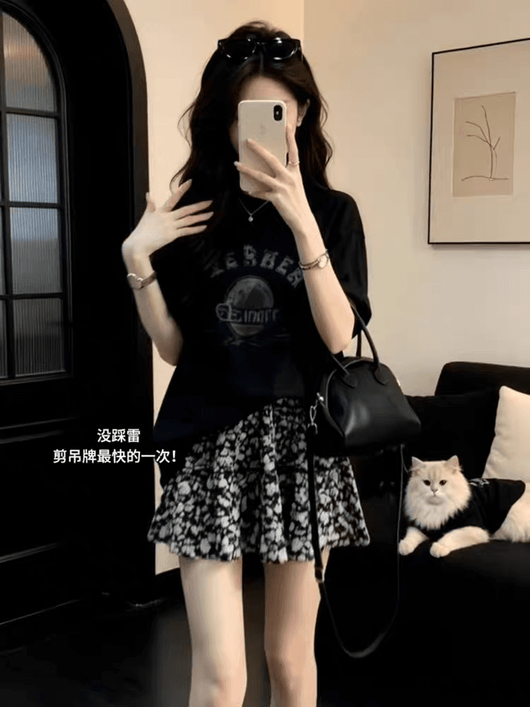 고급 센스 착용 가져 가라. Chic 라운드 넥 알파벳 프린트 순면 루즈핏 가을 어깨 반팔 티셔츠 여성 여름 검정색 맨위 이미지 4
