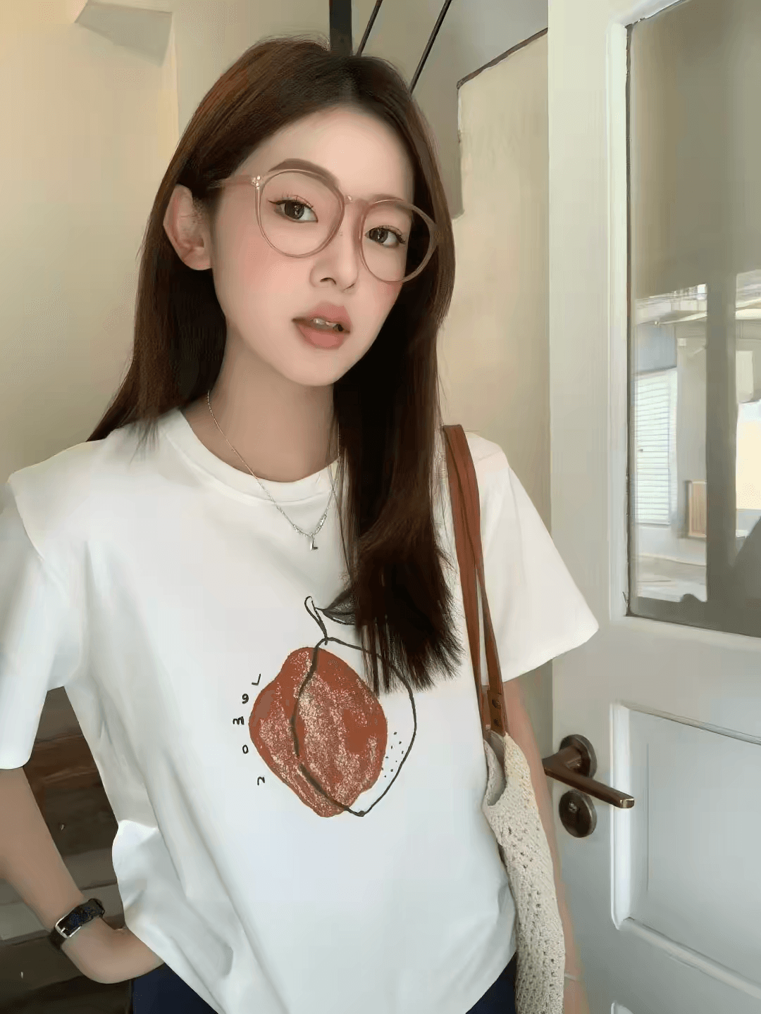 한국 동대문 여름 새로운 캐주얼 루즈핏 수채화 과일 프린트 라운드 넥 반팔 티셔츠 여성 다용도 맨위 상세 이미지 7