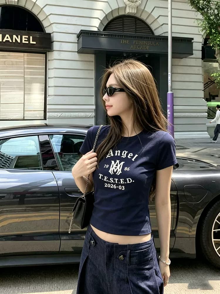 40 220 그램 빗질하다 92 면 8 암모니아 Lun 이후 패키지 칼라 몸매 가꾸기 슬림해 보이는 긍정적 인 어깨 반팔 티셔츠 여성 이미지 4
