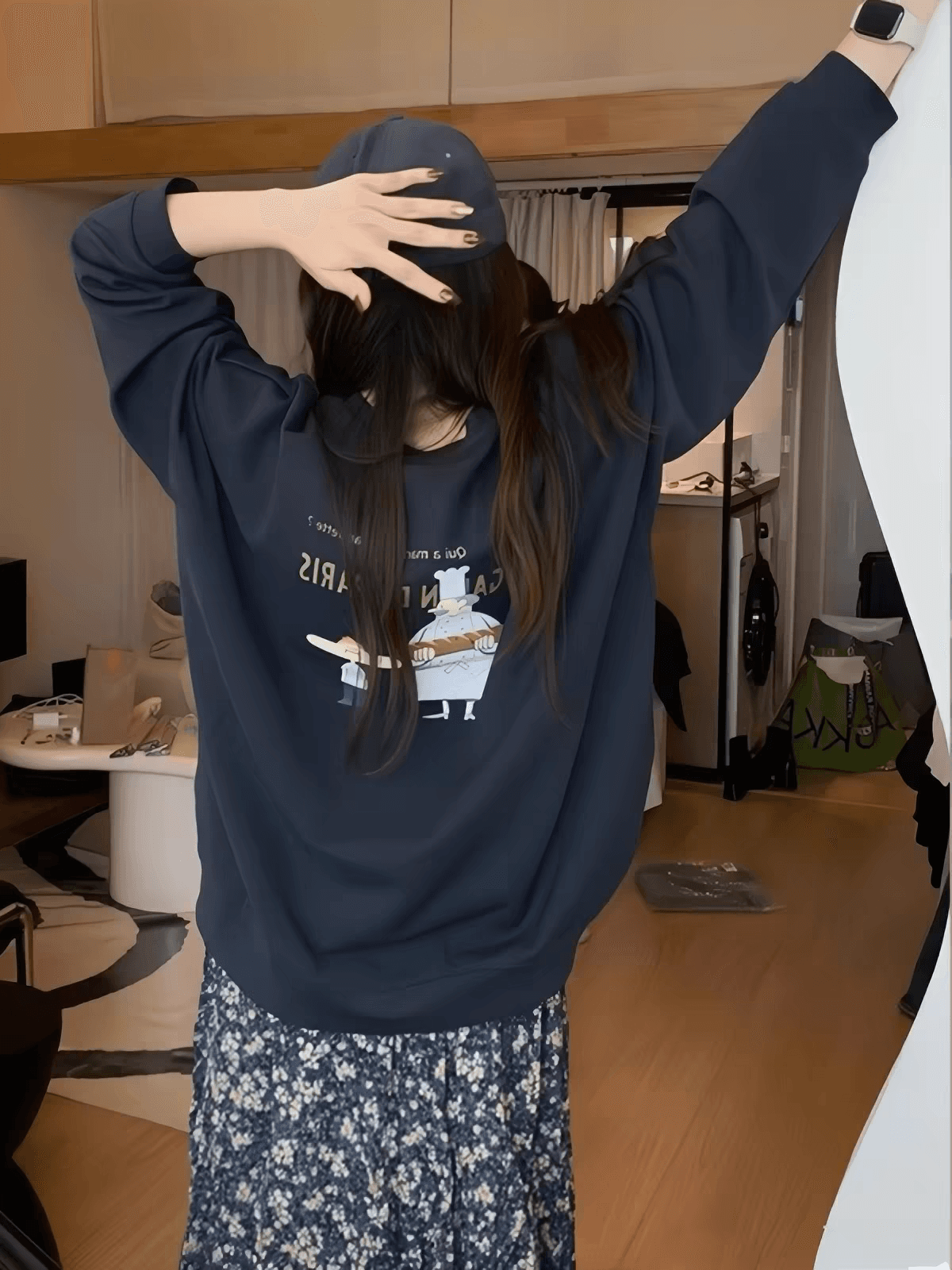 마 후아 면 순면 얼굴 비 시장 전체 폴리 에스터 모방 면 재료 라운드 넥 후드티 얇은 스타일 털이 있는 루즈핏 없음 모자 상세 이미지 2
