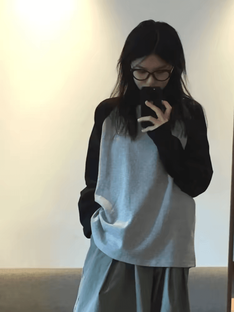 봄 새로운 캐주얼 배색 삽입 어깨 긴팔 티셔츠 루즈핏 라운드 넥 패치워크 맨위 여성 이미지 3
