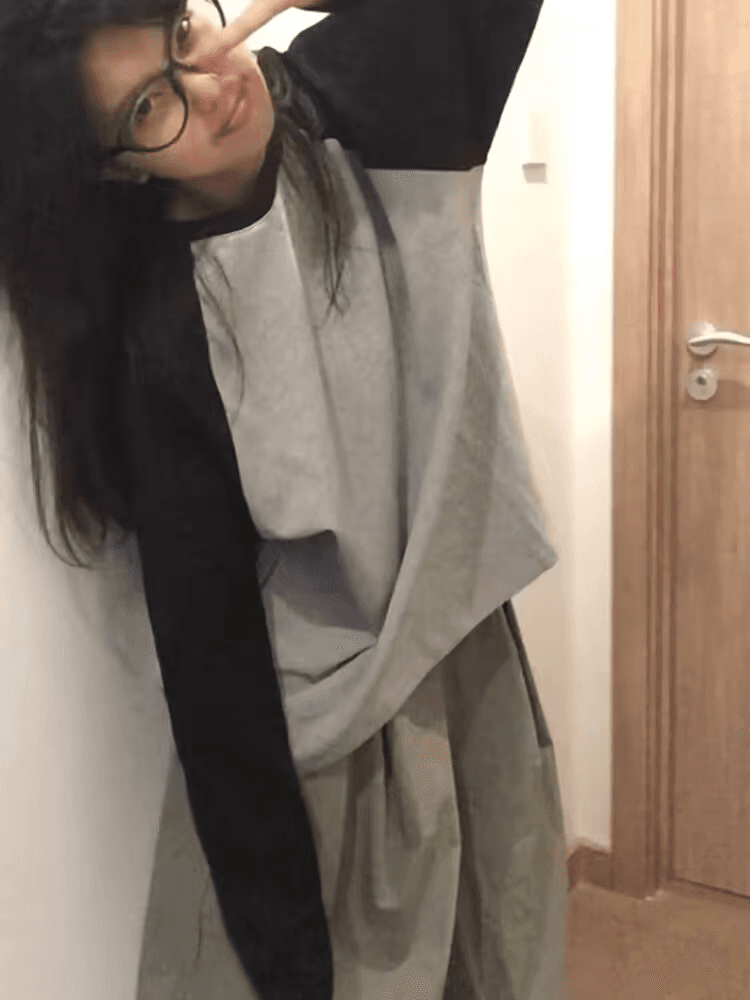 봄 새로운 캐주얼 배색 삽입 어깨 긴팔 티셔츠 루즈핏 라운드 넥 패치워크 맨위 여성 상세 이미지 2