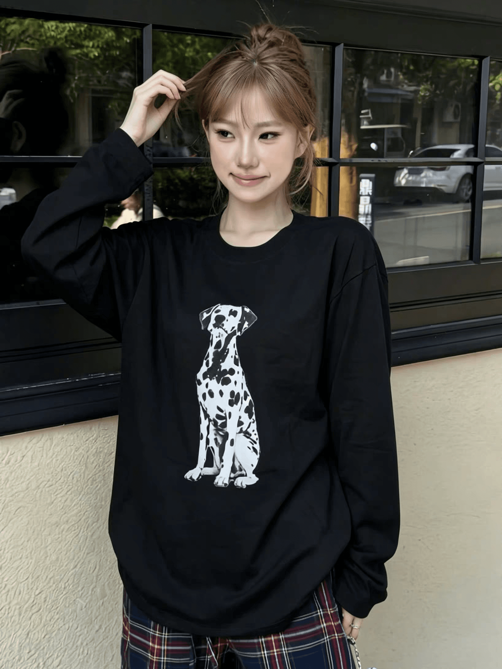 스팟 강아지 프린트 긴팔 티셔츠 여성 2026 가을 디자인 센스 작은 대중 루즈핏 슬림해 보이는 작은 키 맨위 상세 이미지 5