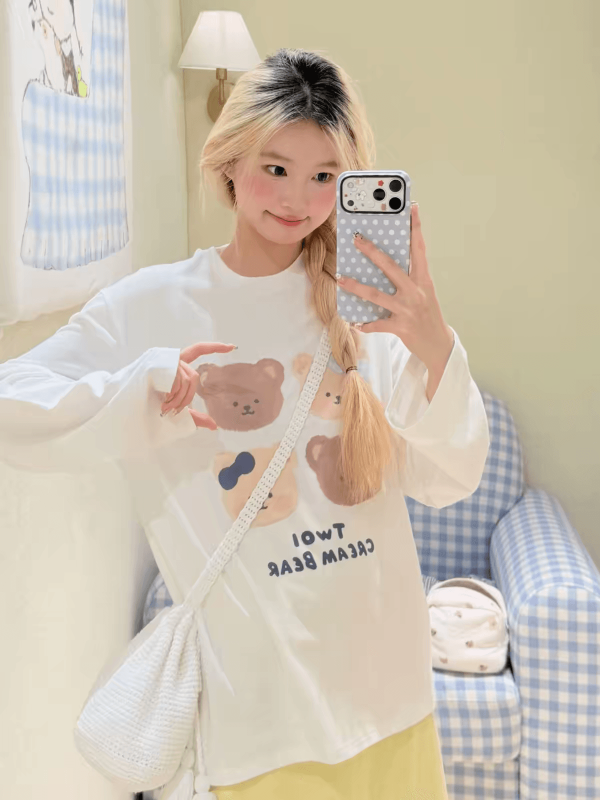 한 부서 ins 작은 대중 우유 씽 하는 소리 작은 곰 만화 프린트 느긋한 캐주얼 루즈핏 인사이드 가져 가라. 만나는 긴팔 티셔츠 맨위 이미지 2