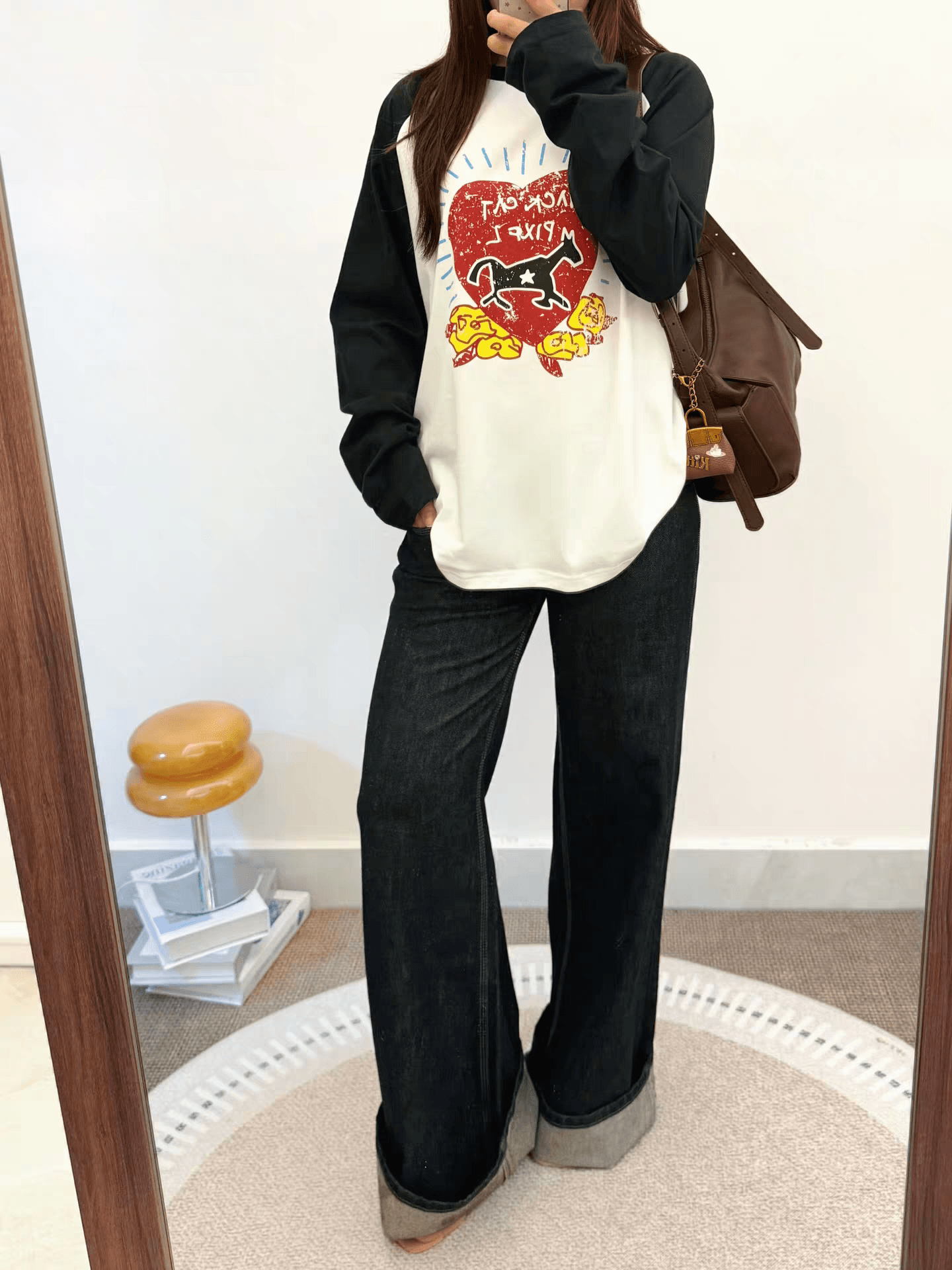 아메리칸 낙서 하트 작은 말 프린트 배색 삽입 어깨 긴팔 티셔츠 여성 이른 가을 루즈핏 고급 센스 다용도 맨위 이미지 3