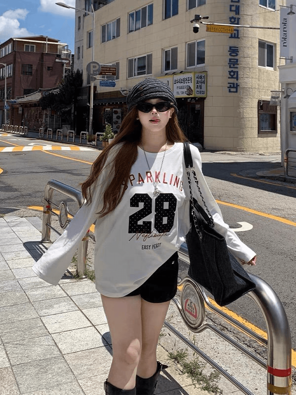한 부서 레트로 숫자 프린트 긴팔 티셔츠 여성 가을 루즈핏 캐주얼 다용도 순면 작은 대중 맨위