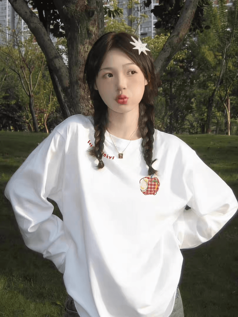 슈퍼 잘 생긴 순면 화이트 긴팔 티셔츠 여성 가을 겨울 새로운 아메리칸 체크무늬 애플 프린트 루즈핏 인사이드 잡아라. 의류 이미지 2