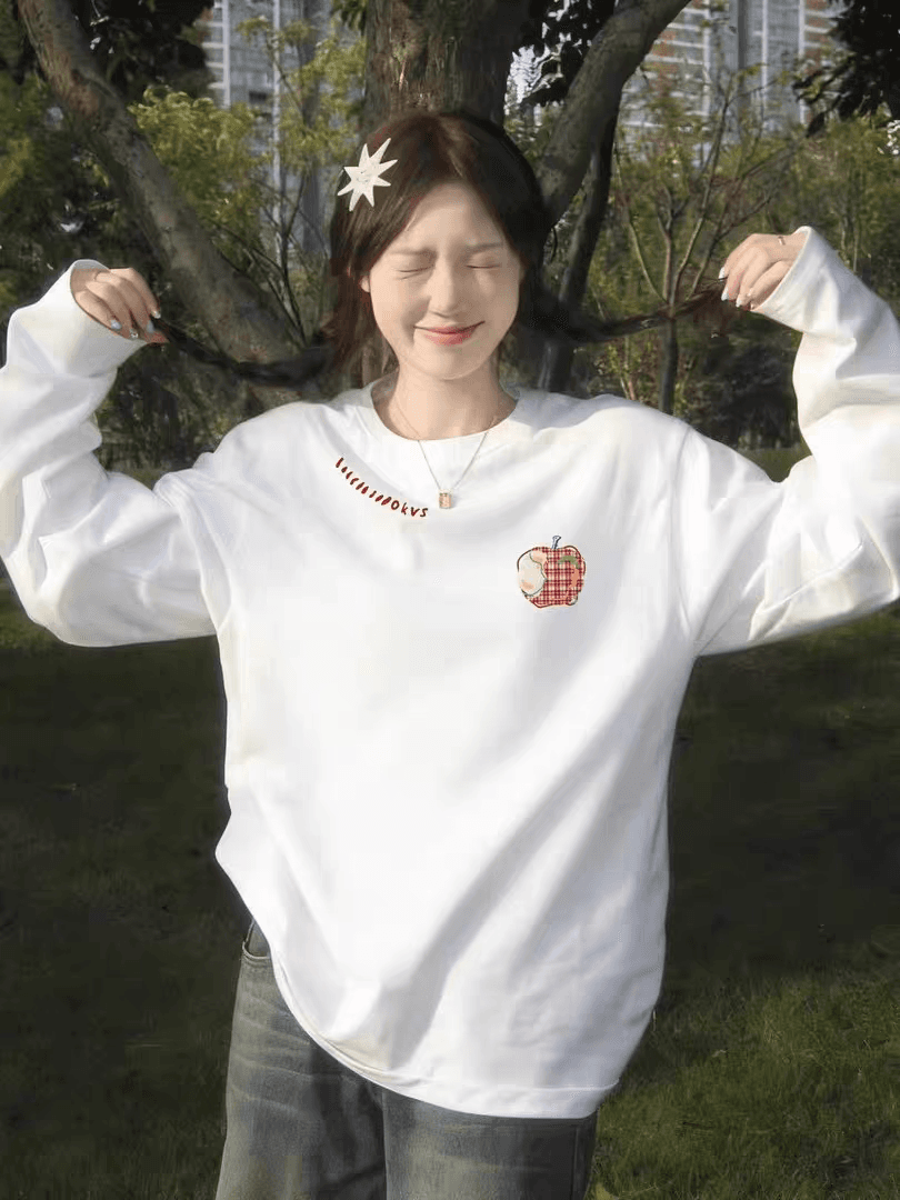 슈퍼 잘 생긴 순면 화이트 긴팔 티셔츠 여성 가을 겨울 새로운 아메리칸 체크무늬 애플 프린트 루즈핏 인사이드 잡아라. 의류 상세 이미지 1
