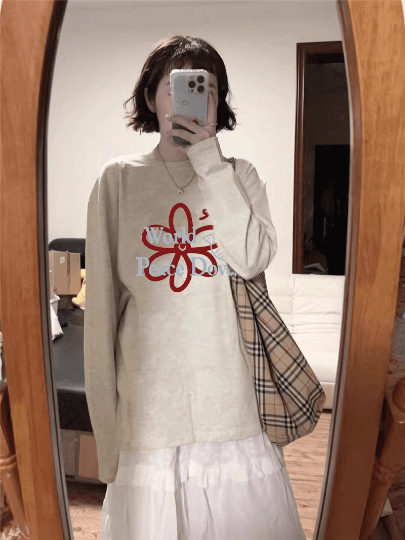 화이트 순면 꽃 한 부서 긴팔 티셔츠 여성 봄 가을 루즈핏 느긋한 바람 디자인 센스 작은 대중 기본 셔츠 맨위 상세 이미지 2