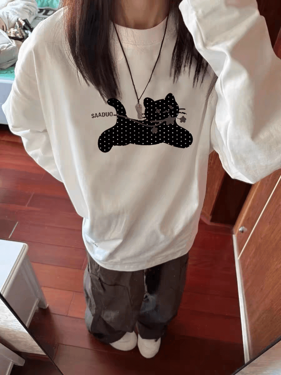 화이트 순면 도트 무늬 고양이 긴팔 티셔츠 여성 봄 가을 새로운 루즈핏 느긋한 바람 디자인 센스 기본 셔츠 맨위 상세 이미지 4