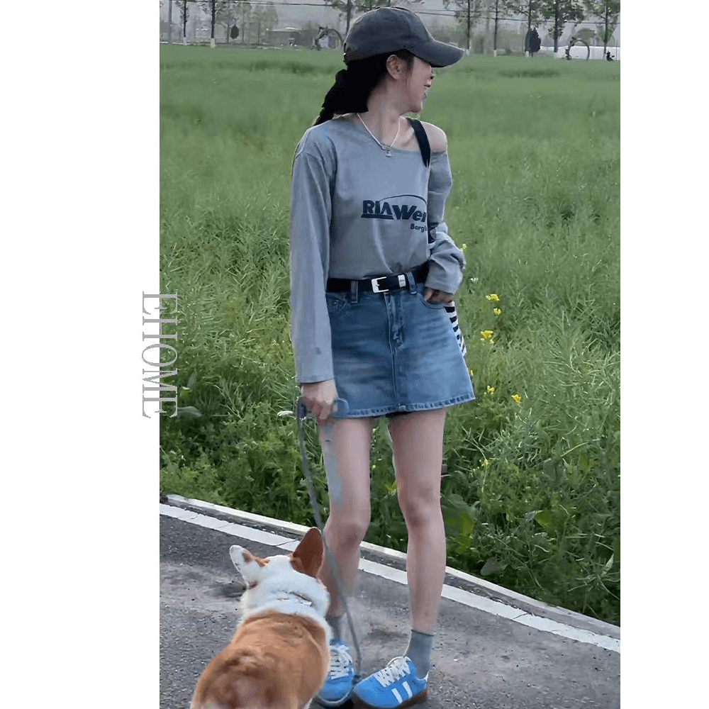 한 부서 디자인 센스 비스듬한 칼라 오프숄더 알파벳 프린트 긴팔 티셔츠 여성 2026 봄 새로운 루즈핏 슬림해 보이는 맨위 이미지 5