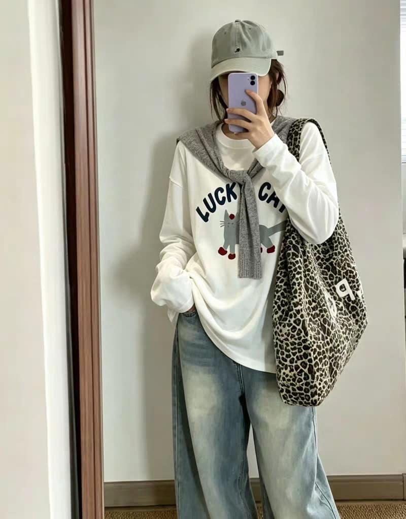 한 부서 만화 새끼 고양이 프린트 긴팔 티셔츠 여성 화이트 라운드 넥 슬림해 보이는 작은 키 캐주얼 맨위 2026 새로운 이미지 2