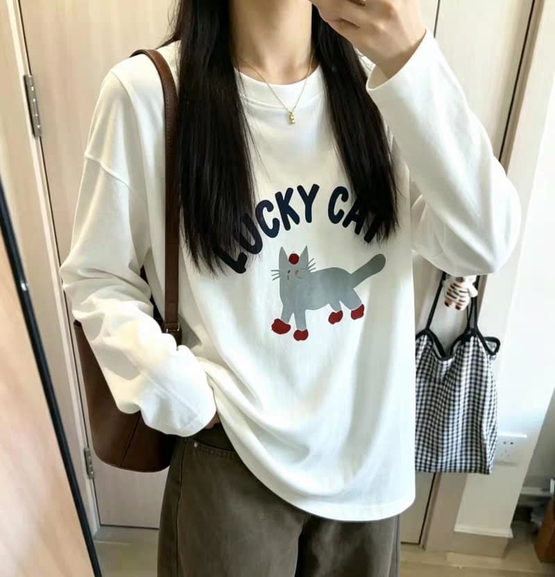 한 부서 만화 새끼 고양이 프린트 긴팔 티셔츠 여성 화이트 라운드 넥 슬림해 보이는 작은 키 캐주얼 맨위 2026 새로운 상세 이미지 1