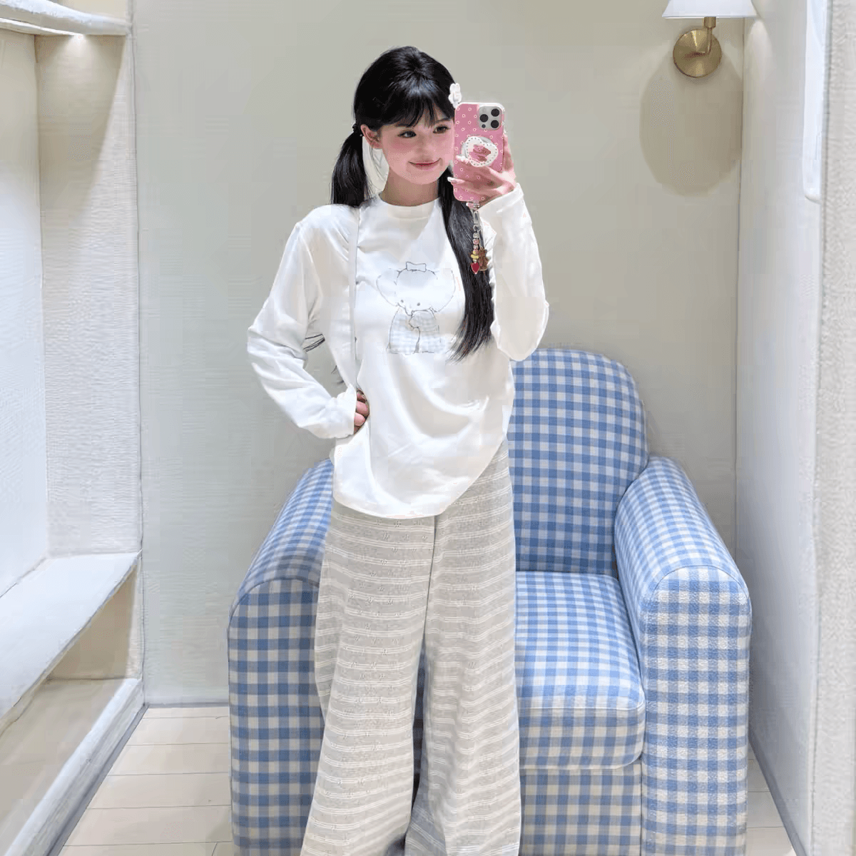 작은 대중 한국 ins 블루 그리드 아기 코끼리 순면 라운드 넥 긴팔 티셔츠 여성 품격 루즈핏 캐주얼 연령 감소 귀여운 맨위 상세 이미지 2