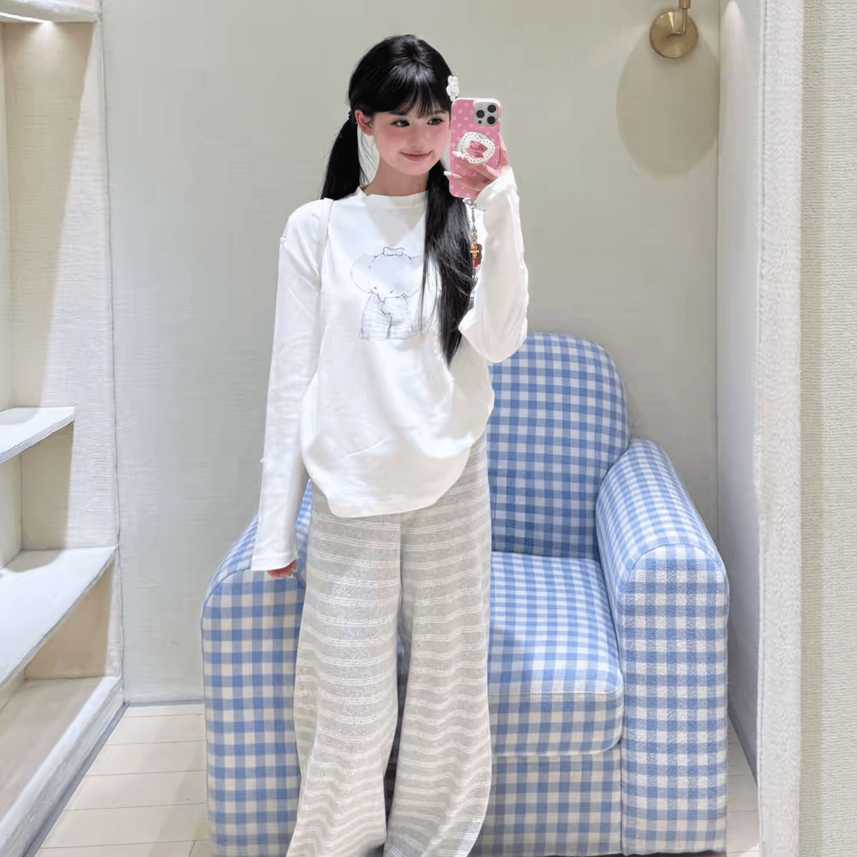 작은 대중 한국 ins 블루 그리드 아기 코끼리 순면 라운드 넥 긴팔 티셔츠 여성 품격 루즈핏 캐주얼 연령 감소 귀여운 맨위 상세 이미지 4