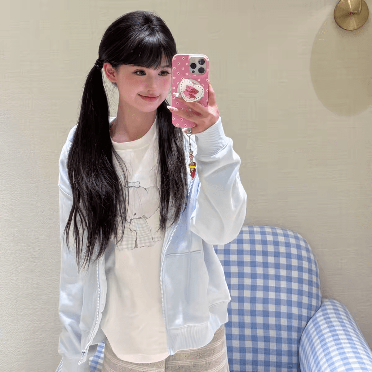 작은 대중 한국 ins 블루 그리드 아기 코끼리 순면 라운드 넥 긴팔 티셔츠 여성 품격 루즈핏 캐주얼 연령 감소 귀여운 맨위 상세 이미지 5