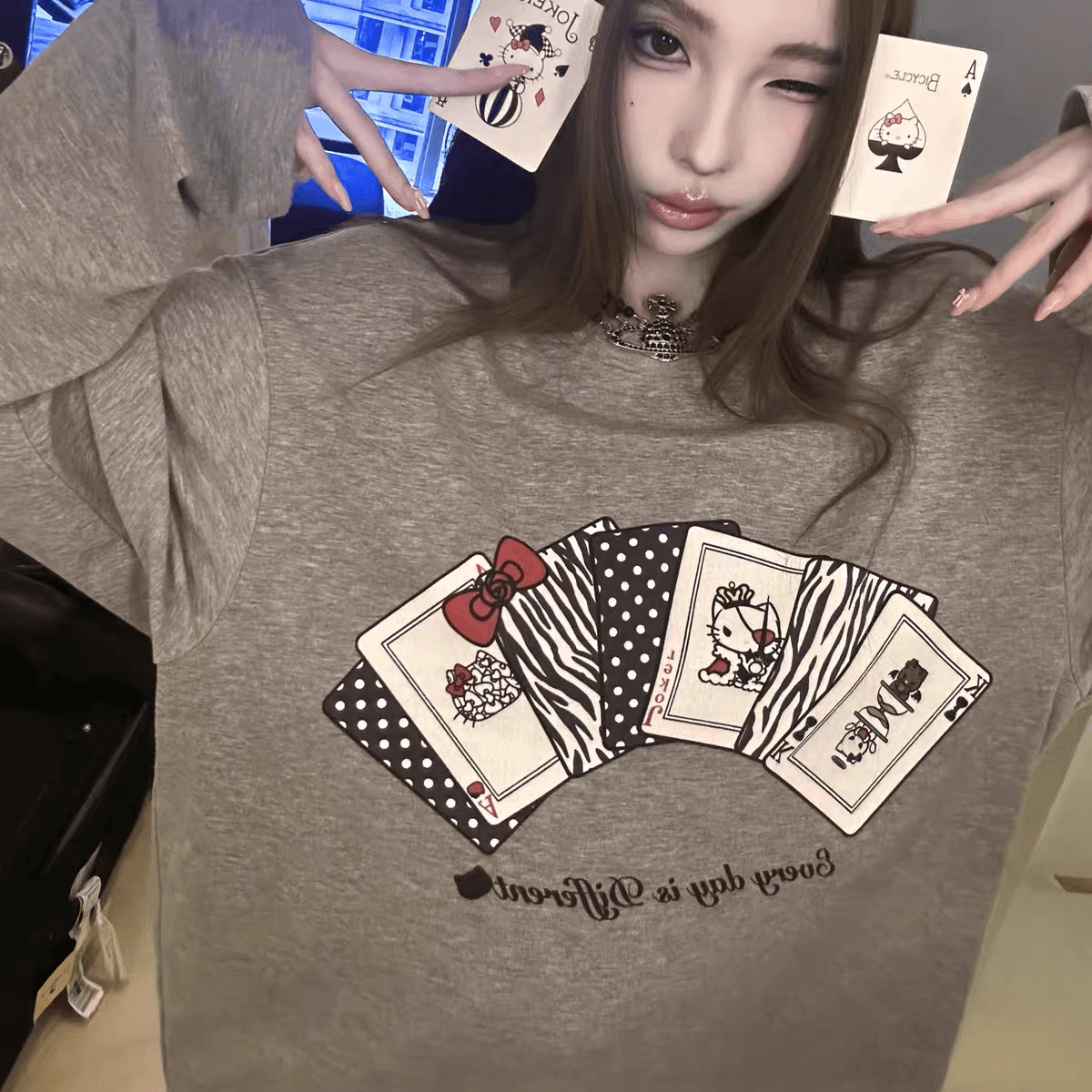 작은 대중 느긋한 바람 kitty 카드 놀이 순면 긴팔 티셔츠 여성 아메리칸 레트로 루즈핏 다용도 연령 감소 맨위 가을 상세 이미지 1