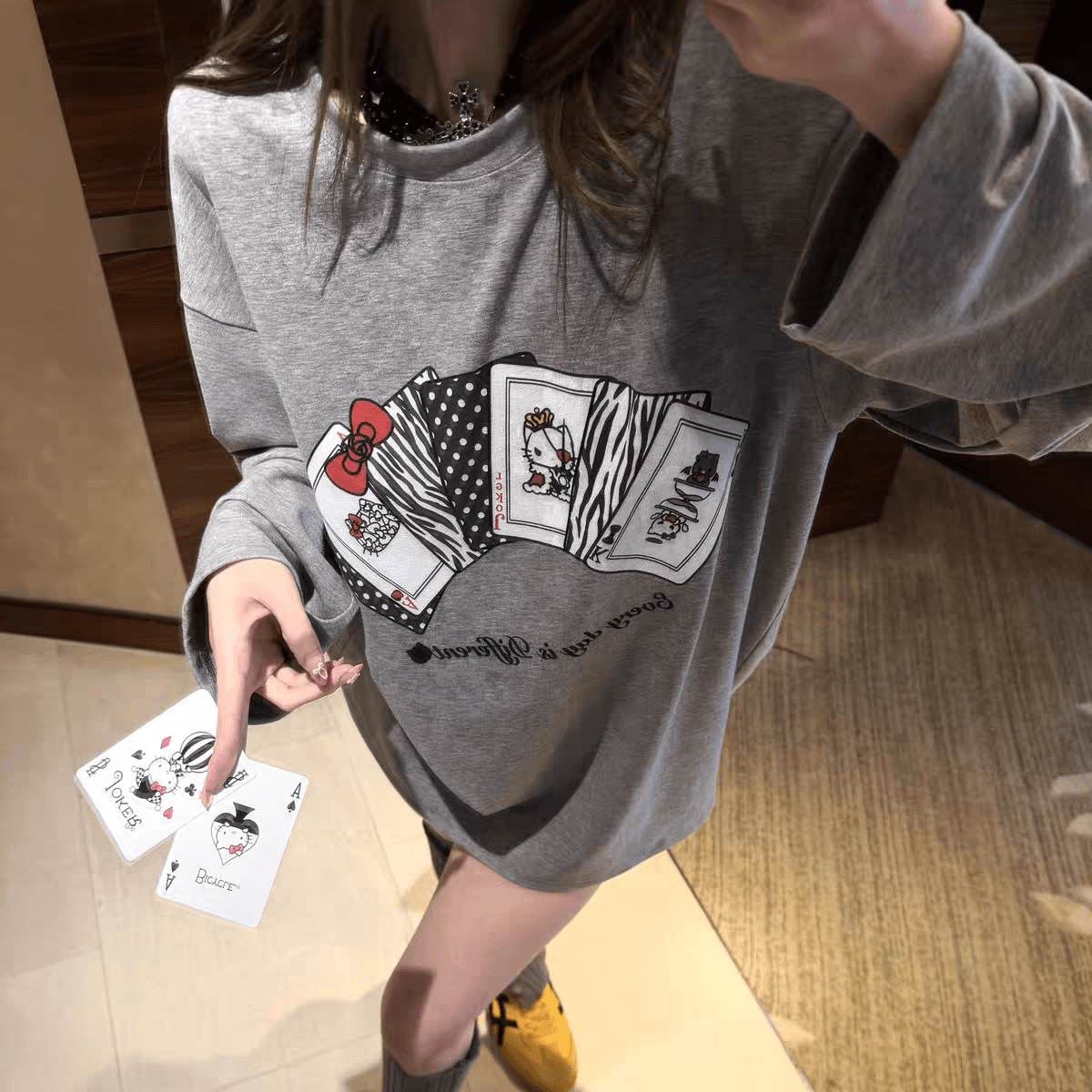 작은 대중 느긋한 바람 kitty 카드 놀이 순면 긴팔 티셔츠 여성 아메리칸 레트로 루즈핏 다용도 연령 감소 맨위 가을 상세 이미지 3