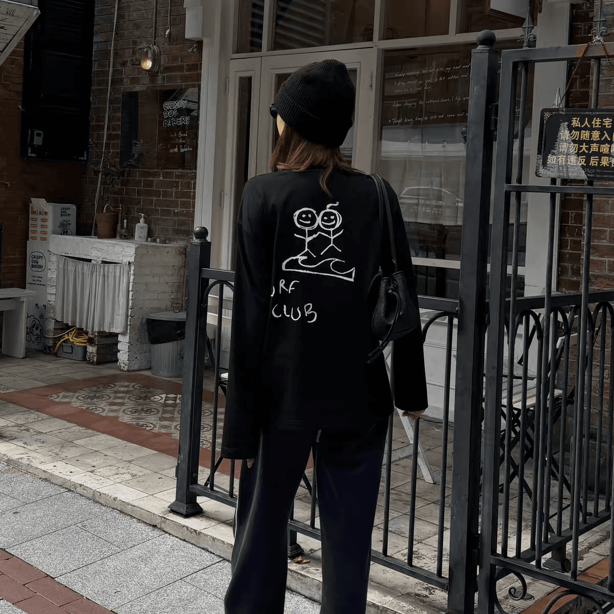 작은 대중 ins 느긋한 바람 경기 사람들 프린트 순면 무거운 긴팔 티셔츠 여성 루즈핏 캐주얼 연령 감소 슬림해 보이는 맨위 상세 이미지 2